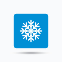 Snowflake icon. Air conditioning symbol. Blue square button with flat web icon. Vector