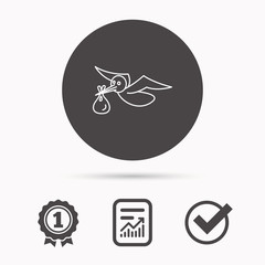 Stork with sack icon. Newborn baby symbol. Report document, winner award and tick. Round circle button with icon. Vector