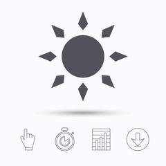 Sun icon. Sunny weather symbol. Stopwatch timer. Hand click, report chart and download arrow. Linear icons. Vector