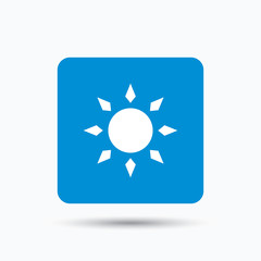 Sun icon. Sunny weather symbol. Blue square button with flat web icon. Vector