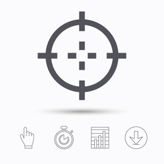 Target icon. Crosshair aim symbol. Stopwatch timer. Hand click, report chart and download arrow. Linear icons. Vector