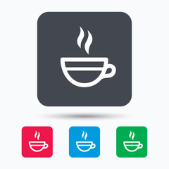 Tea cup icon. Hot coffee drink symbol. Colored square buttons with flat web icon. Vector