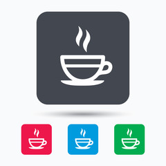 Tea cup icon. Hot coffee drink symbol. Colored square buttons with flat web icon. Vector