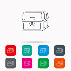 Treasure chest icon. Piratic treasury sign. Wealth symbol. Linear icons in squares on white background. Flat web symbols. Vector