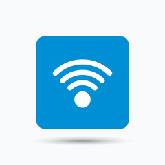 Wifi icon. Wireless internet sign. Communication technology symbol. Blue square button with flat web icon. Vector