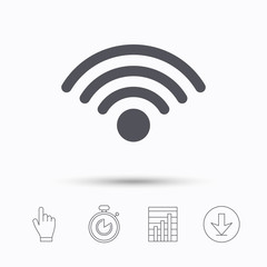 Wifi icon. Wireless internet sign. Communication technology symbol. Stopwatch timer. Hand click, report chart and download arrow. Linear icons. Vector