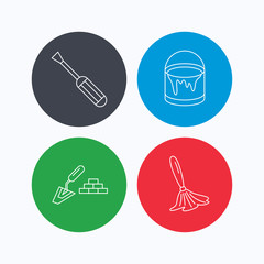 Spatula, screwdriver and paint brush icons. Brush linear sign. Linear icons on colored buttons. Flat web symbols. Vector