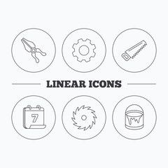 Pliers, circular saw and bucket of paint icons. Saw linear signs. Flat cogwheel and calendar symbols. Linear icons in circle buttons. Vector