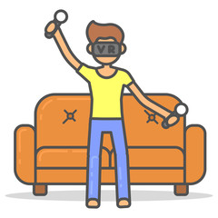 Man stand in virtual reality glasses next to the couch in room flat style. Vector character in vr near sofa line illustration.