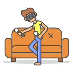 Man gets experience in virtual reality glasses next to the couch in room flat style. Vector character in vr near sofa line illustration.
