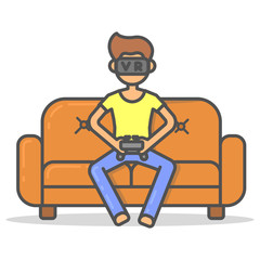 Man play in virtual reality glasses on couch in room flat style. Vector character in vr near sofa line illustration.