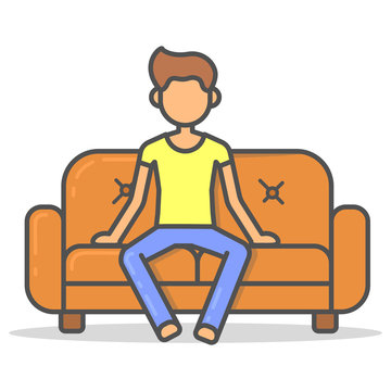 Man watching a sports match on couch in room flat style. Vector character on sofa line illustration.