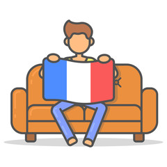 Man sitting with the flag France on couch in room flat style. Vector character country banner on sofa line illustration.