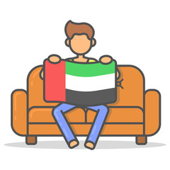 Man sitting with the flag united arab emirates (UAE) on couch in room flat style. Vector character country banner on sofa line illustration.