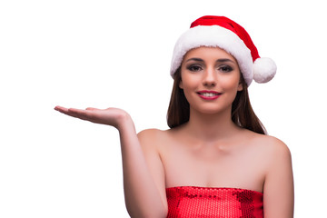 Santa girl holding hands isolated on white