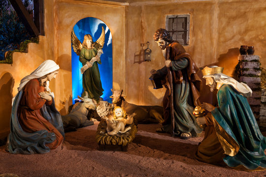 Nativity scene in main square of Valladolid at Christmas, Spain