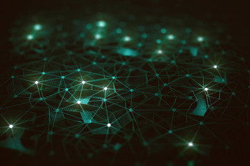 Artificial intelligence, connections and nucleus in concept of interconnected neurons. Abstract background with binary numbers, neural network and cloud computing.