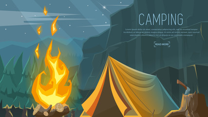 Vector banner on the theme of Camping, Hiking, Climbing, Walking. Sports