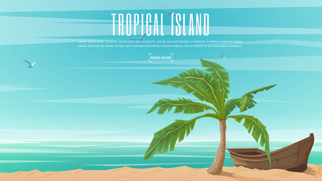 Vector banner on the theme of Paradise Island with Tropical Palm and wooden Boat