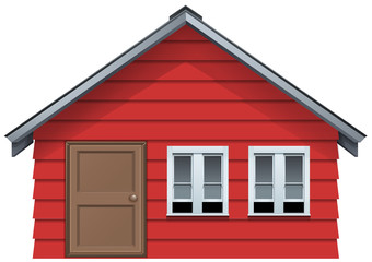 Red house with wooden door and two windows