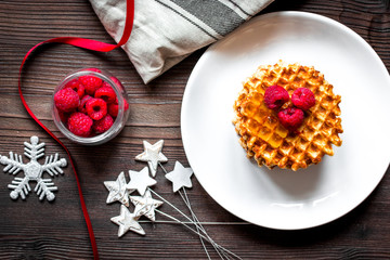 Christmas breakfast with waffles top view