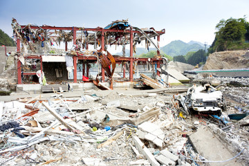 After earthquake and tsunami ,destroyed town on the Pacific - obrazy, fototapety, plakaty