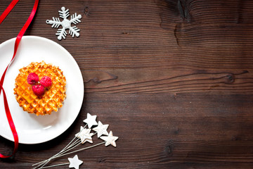 Fototapeta premium Christmas breakfast with waffles top view