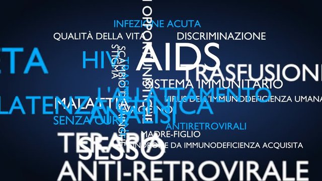 AIDS, HIV word tag cloud - blue, Italian variant, 3D rendering, UHD