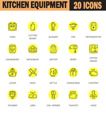 Kitchen equipment flat icon set. 