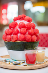 watermelon bingsu dessert on tray