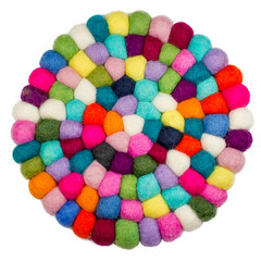 Colorful balls of wool.Felt handmade. Potholder with colorful beads.Isolated on white background.