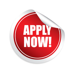 Apply now red sticker, button, label and sign.