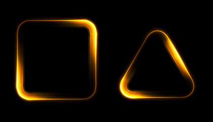 Glowing frames on black background. Square glow borders. Sparkling geometric light banner. Luminous triangle light shape. Shining triangular forms. Neon sign. Bright sign with flares and sparkles. LED
