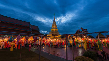 Wat Phra That Hariphunchai pagoda with light Festival at Lamphun