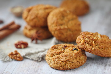 Oatmeal cookies with nuts, raisins and cinnamon
