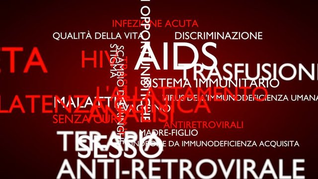AIDS, HIV word tag cloud - red, Italian variant, 3D rendering, UHD