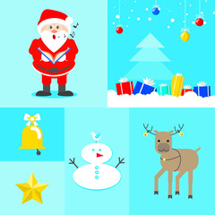 New Year's collage. Santa singing christmas tree with gifts, reindeer, northern star, christmas bell. Vector