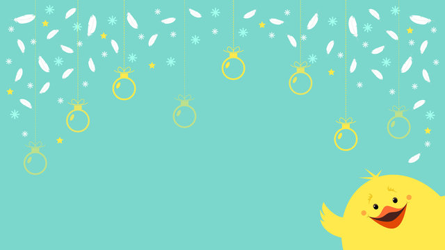 Christmas background for 2017 new year with a chicken. Feathers, beads and snowflakes. Vector illustration