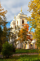 St. Petersburg. Saint Alexander Nevsky Lavra. Bell tower of Holy Trinity Cathedral in autumn evening