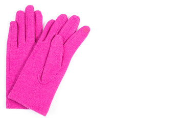 Pair of woolen gloves for woman on white background, copy space for text