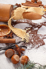 Dough for Christmas cookies, spice and ingredient for baking gingerbread