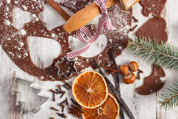Dough for Christmas cookies, spice and ingredient for baking gingerbread