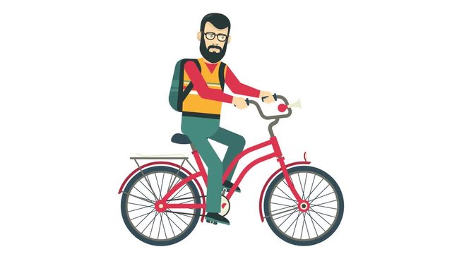Bearded hipster riding on a red retro bicycle. Looped animation with transparent background.