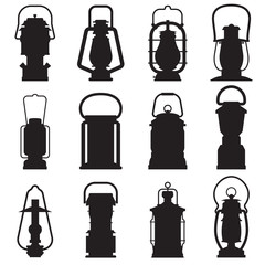 Camping lantern silhouette set isolated on white background. Different oil lamp outline collection. Modern and retro lanterns flat vector icons. Handle camping lanterns and gas lamps silhouettes.