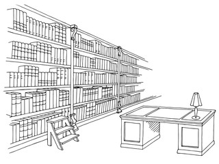Library room interior black white graphic sketch illustration vector