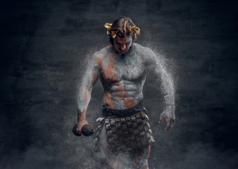Ancient Greek male sportsmen holds dumbbell. - obrazy, fototapety, plakaty