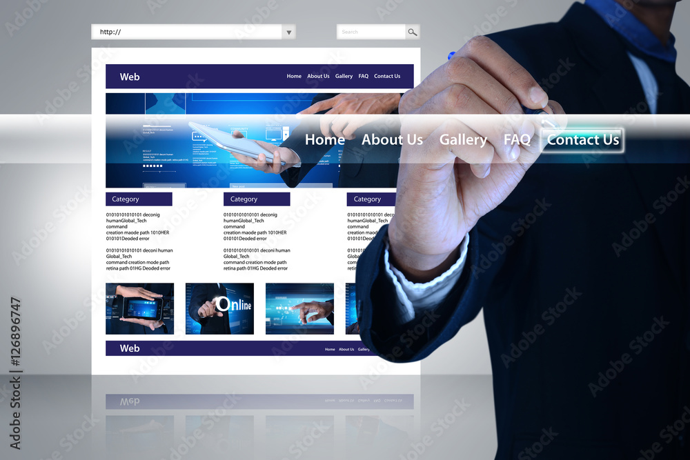 Wall mural business man is searching and pointing at an internet website