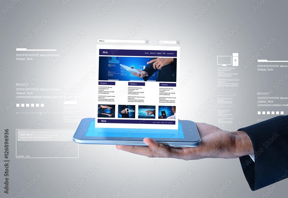 Wall mural business man showing web page on tablet computer