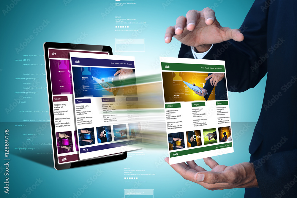 Wall mural business man showing web page