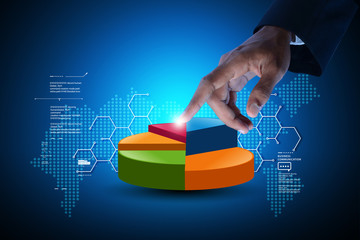 Business man showing pie chart in color background
